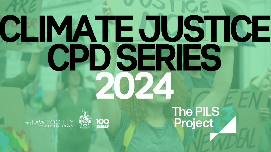 The image features a screenshot of a video of a climate protest, with lots of people holding placards and megaphones, calling for climate action. Superimposed on top of that are the words: Climate Justice CPD Series 2024