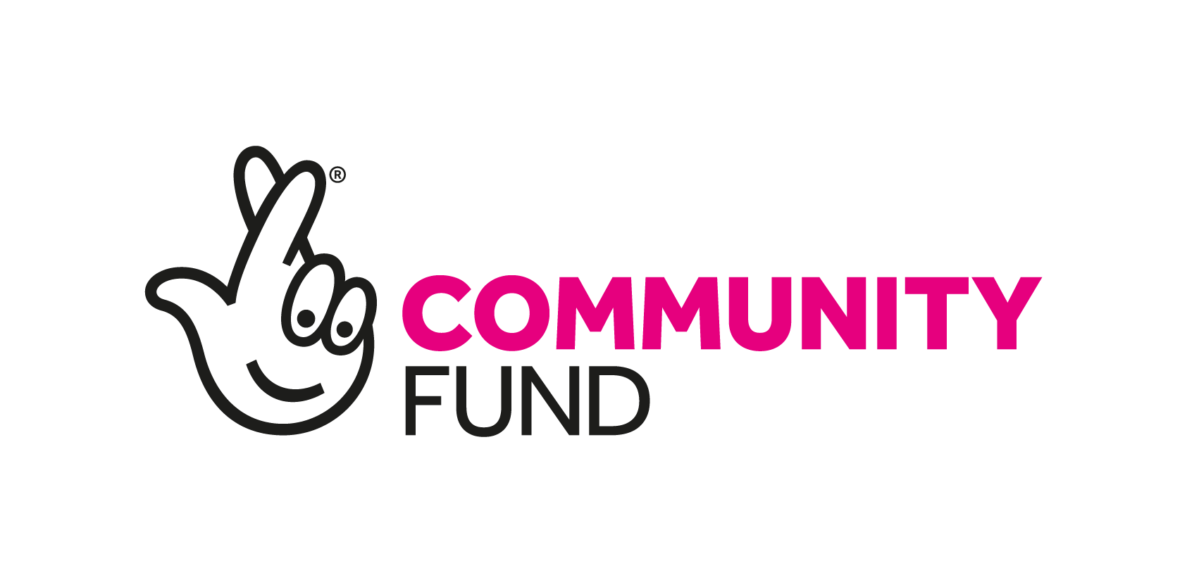 Community Fund is written in capital letters, in pink and black font, with a graphic of a hand with its finger crossed beside the text.